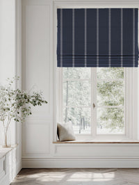 Blue Striped Linen Roman blind - Rana Deep Blue - Natural base fabric.