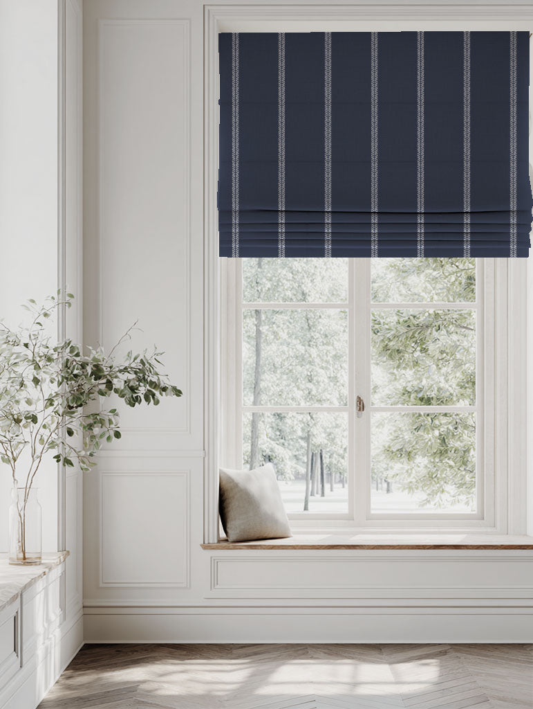 Blue Striped Linen Roman blind - Rana Deep Blue - Natural base fabric.
