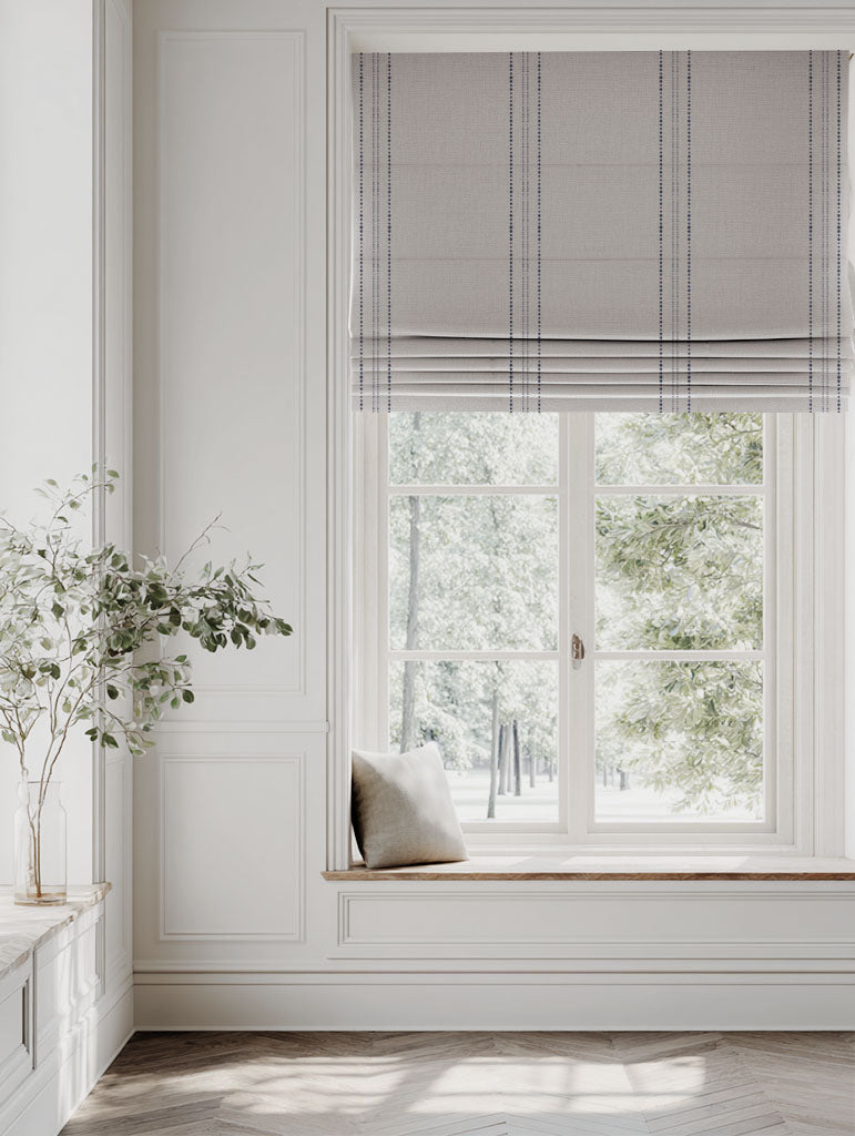Blue Striped Linen Roman blind - Reyna Deep Blue - Natural base fabric.