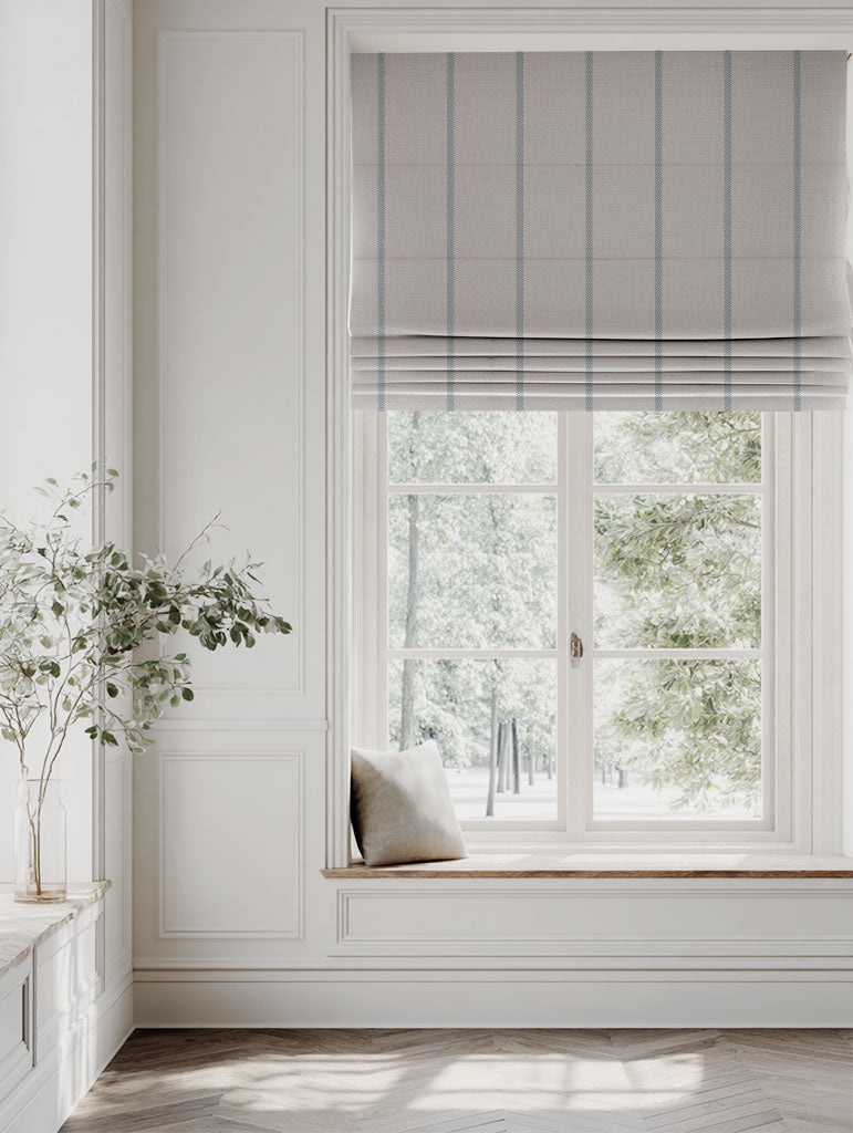 Blue Striped Linen Roman blind - Ronja Sky - Natural base fabric.