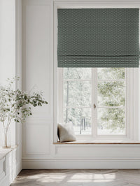 Green Botanical Linen Roman blind - Saana Dark Pine - Natural base fabric.