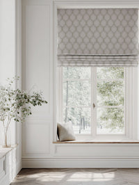 Green Patterned Linen Roman blind - Sara-NAT Khaki - Natural base fabric.