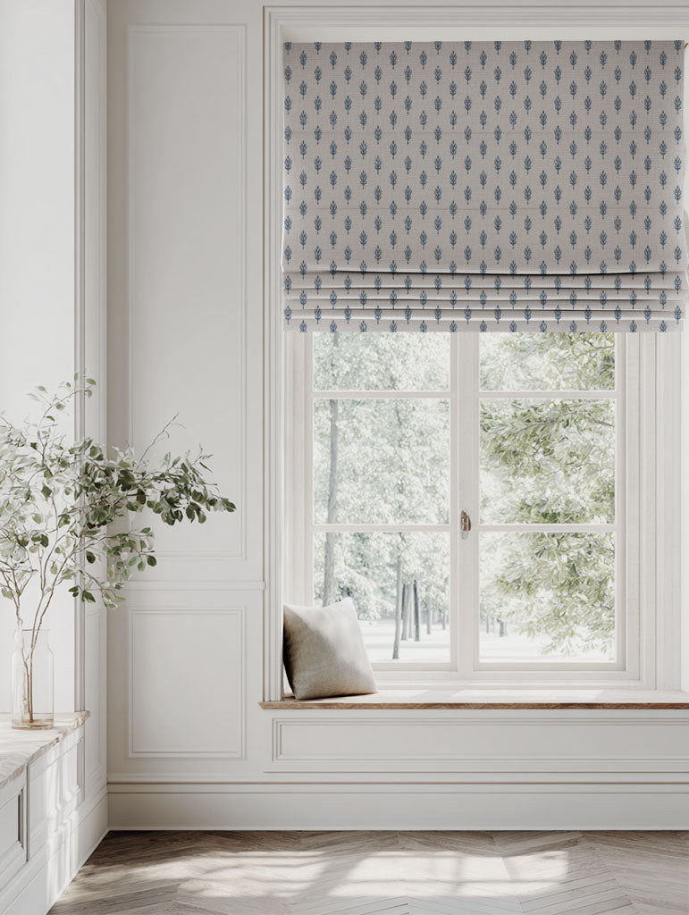 Blue Botanical Linen Roman blind - Sariann Denim - Natural base fabric.