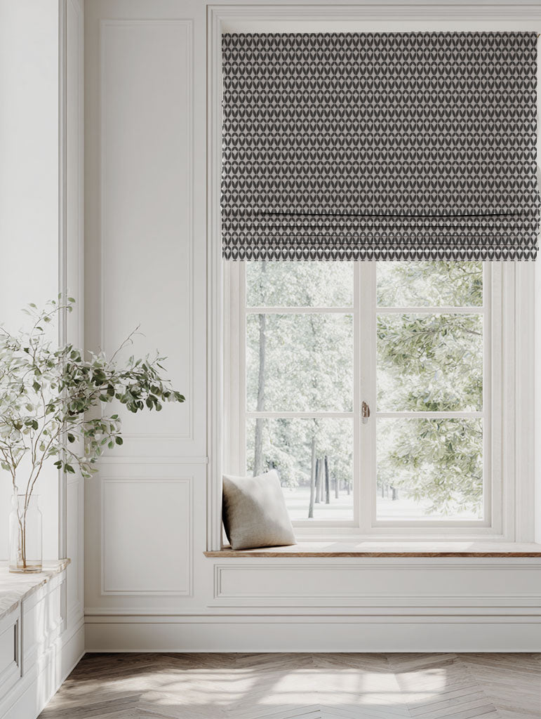 Grey Patterned Linen Roman blind - Siruna Charcoal - Natural base fabric.