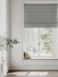 Green Patterned Linen Roman blind - Sylvia Dark Pine - Natural base fabric.