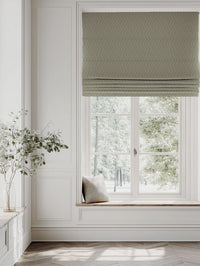 Green Patterned Linen Roman blind - Vera Olive - Natural base fabric.