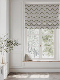 Green Abstract Linen Roman Blind - Nelani Khaki - Natural base fabric.