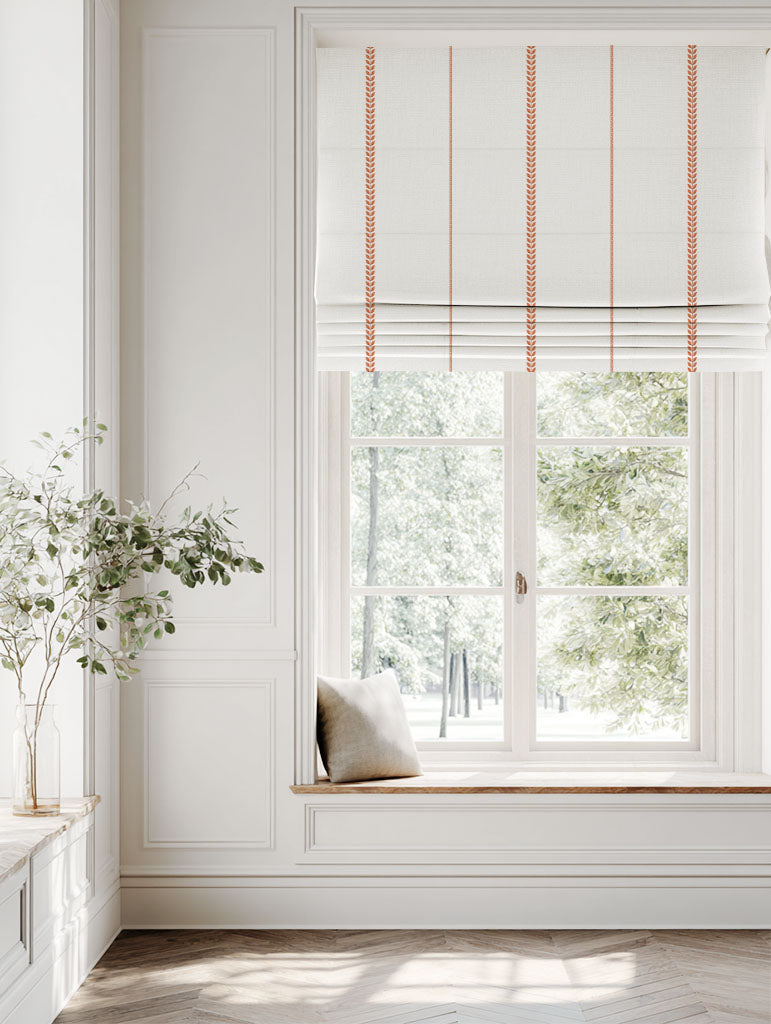 Red / Orange Striped Linen Roman blind - Berit Terracotta - White base fabric.