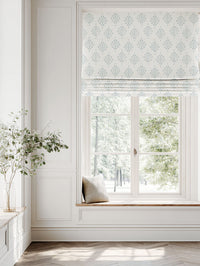 Blue Patterned Linen Roman blind - Britt Shadow Blue - White base fabric.