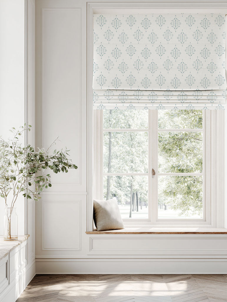 Blue Patterned Linen Roman blind - Britt Shadow Blue - White base fabric.