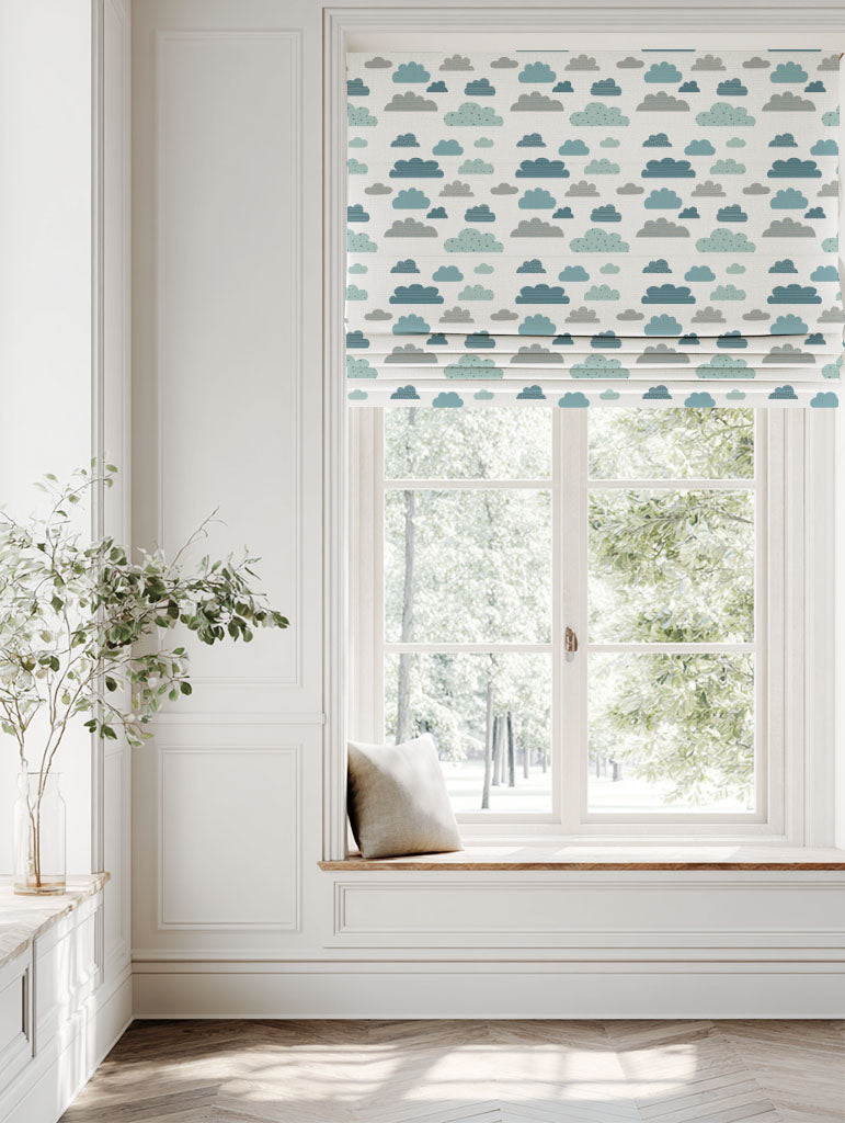 Blue Kids Linen Roman blind - Cloud Dreams Blue - White base fabric.