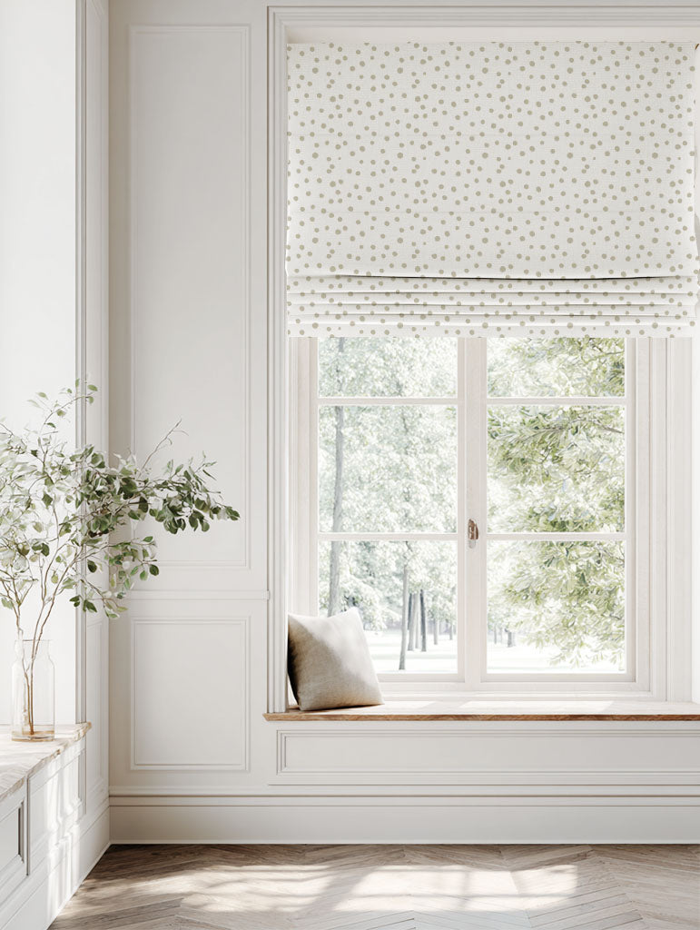Neutral / Grey Spotted Linen Roman blind - Dottie Clay-WHT - White base fabric.
