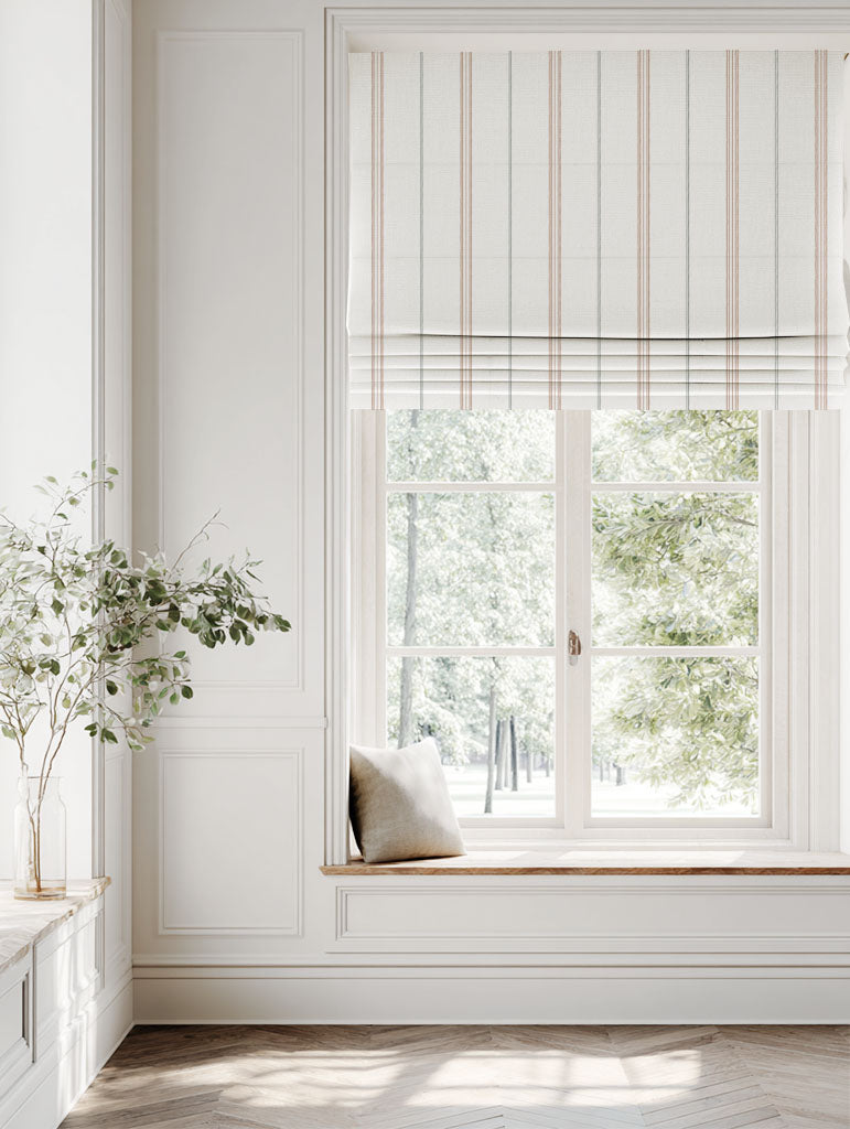 Grey / Pink Striped Linen Roman blind - Elise New Blush-WHT - White base fabric.