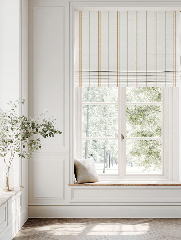 Orange / Yellow Striped Linen Roman blind - Elise Ochre-WHT - White base fabric.