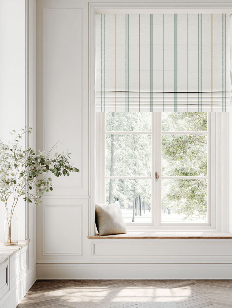 Green / Orange Striped Linen Roman blind - Elise Sage Ochre-WHT - White base fabric.