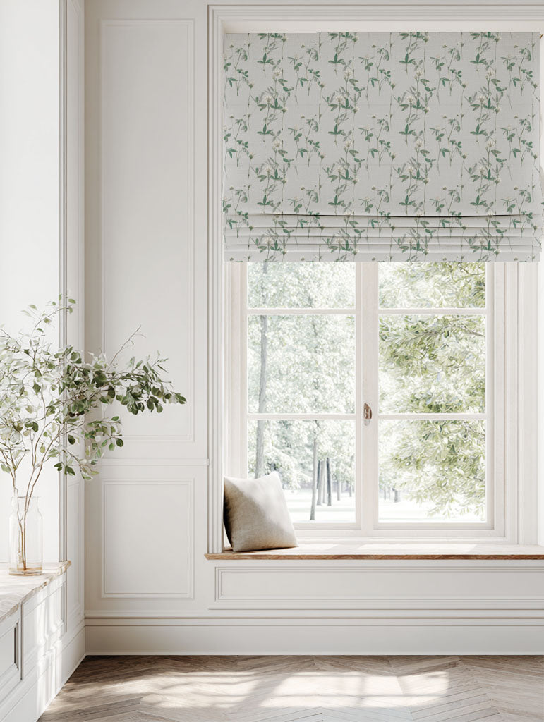 White Floral Linen Roman blind - Estelle White - White base fabric.