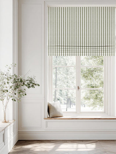 Green Patterned Linen Roman Blind - Fionna Moss-WHT - White base fabric.