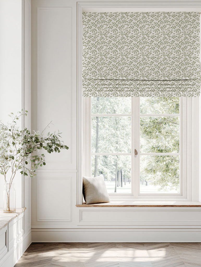 Green Botanical Linen Roman blind - Fita Moss-WHT - White base fabric.