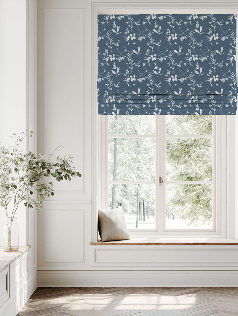 Blue Floral Linen Roman blind - Flora Ink - White base fabric.