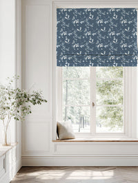 Blue Floral Linen Roman blind - Flora Ink - White base fabric.