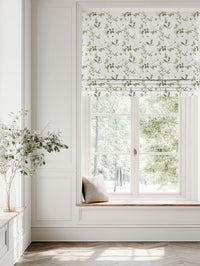 Green Floral Linen Roman blind - Flora Moss-WHT - White base fabric.