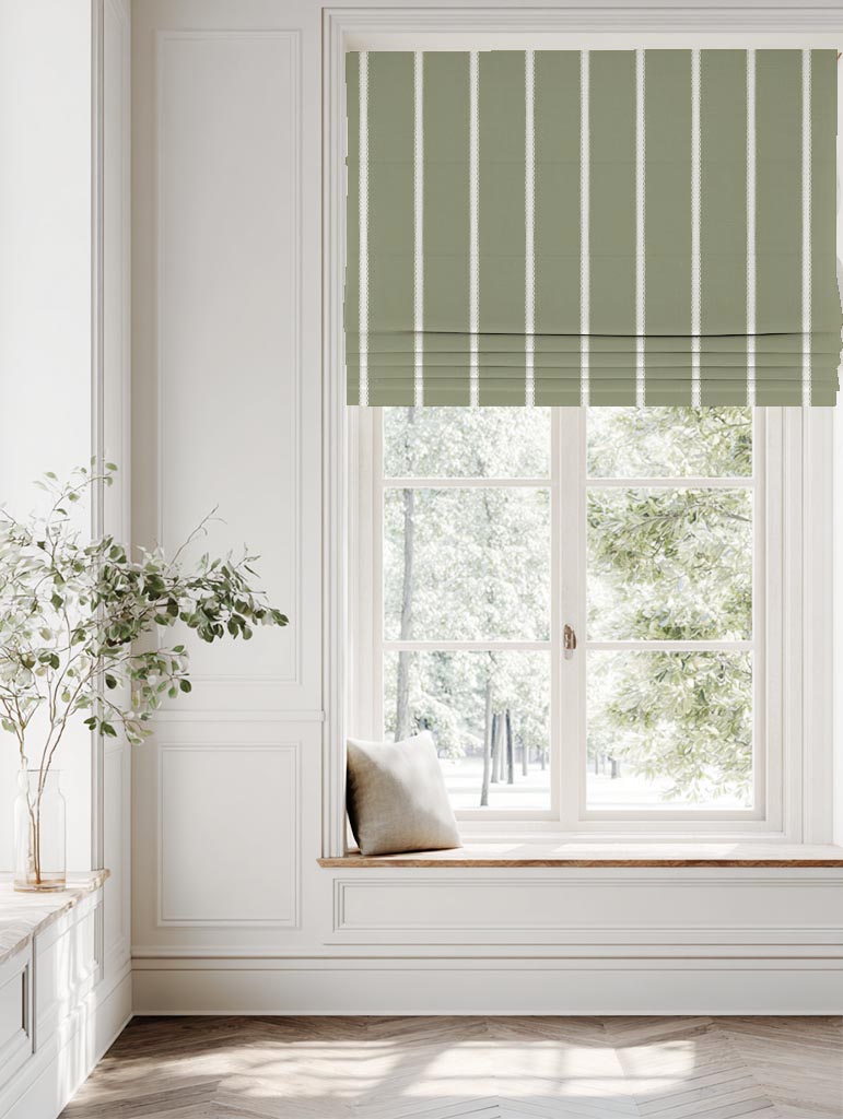 Green Striped Linen Roman Blind - Franny Moss-WHT - White base fabric.