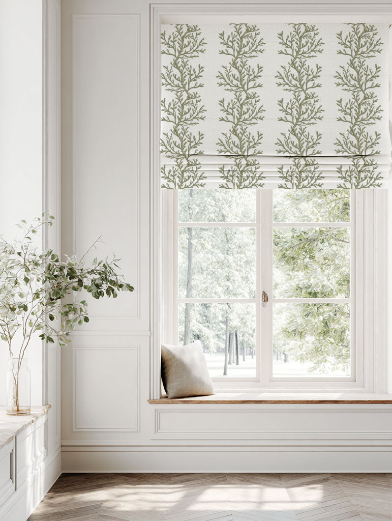Green Botanical Linen Roman blind - Galilea Moss - White base fabric.
