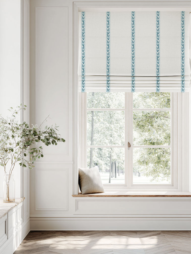 Blue Striped Linen Roman blind - Helena Blue Stone - White base fabric.