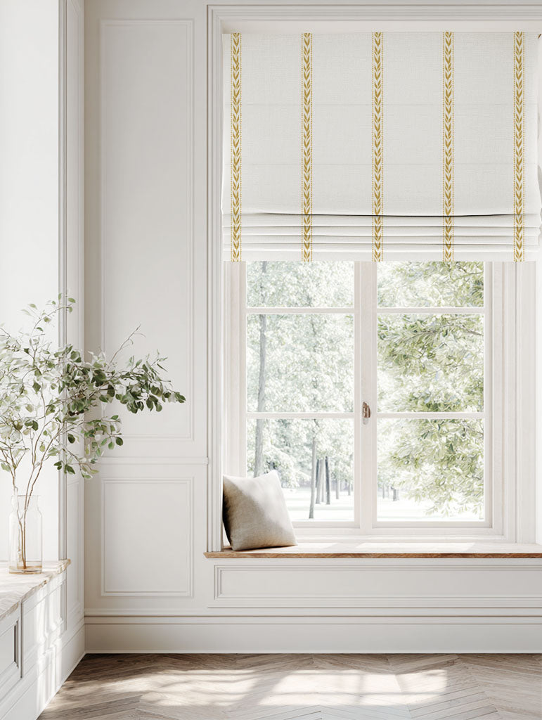 Yellow Striped Linen Roman blind - Helena Gold Rod - White base fabric.