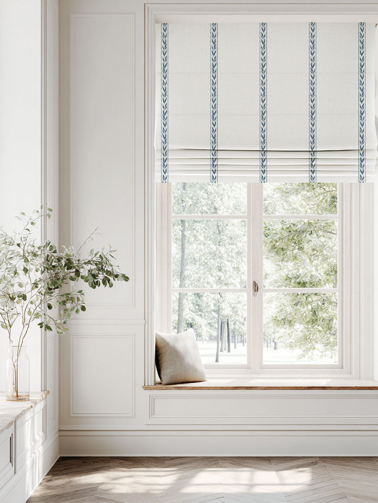 Blue Striped Linen Roman blind - Helena Ink - White base fabric.