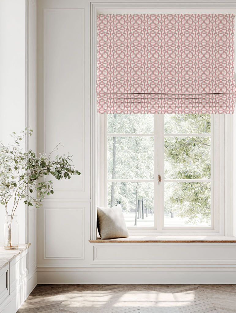 Pink Patterned Linen Roman blind - Ilva Dusty Pink - White base fabric.