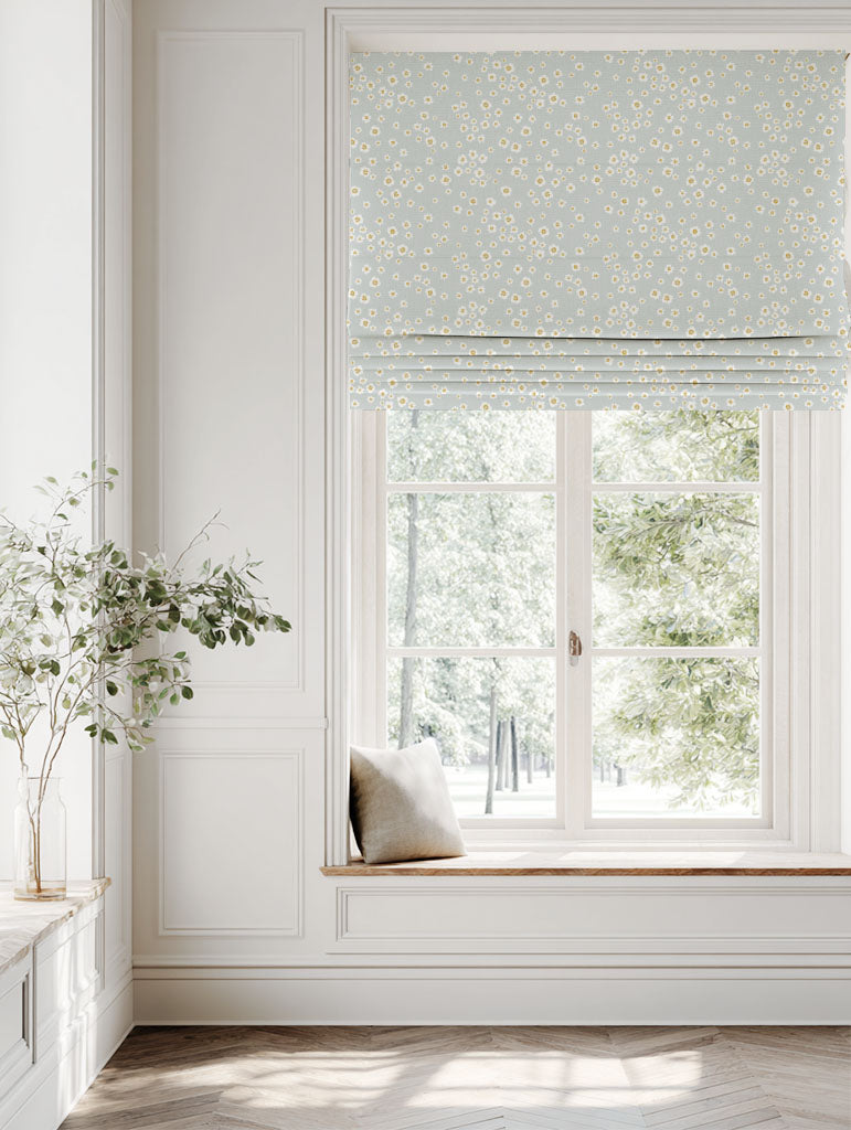 Yellow Floral Linen Roman blind - Janika Dijon - White base fabric.
