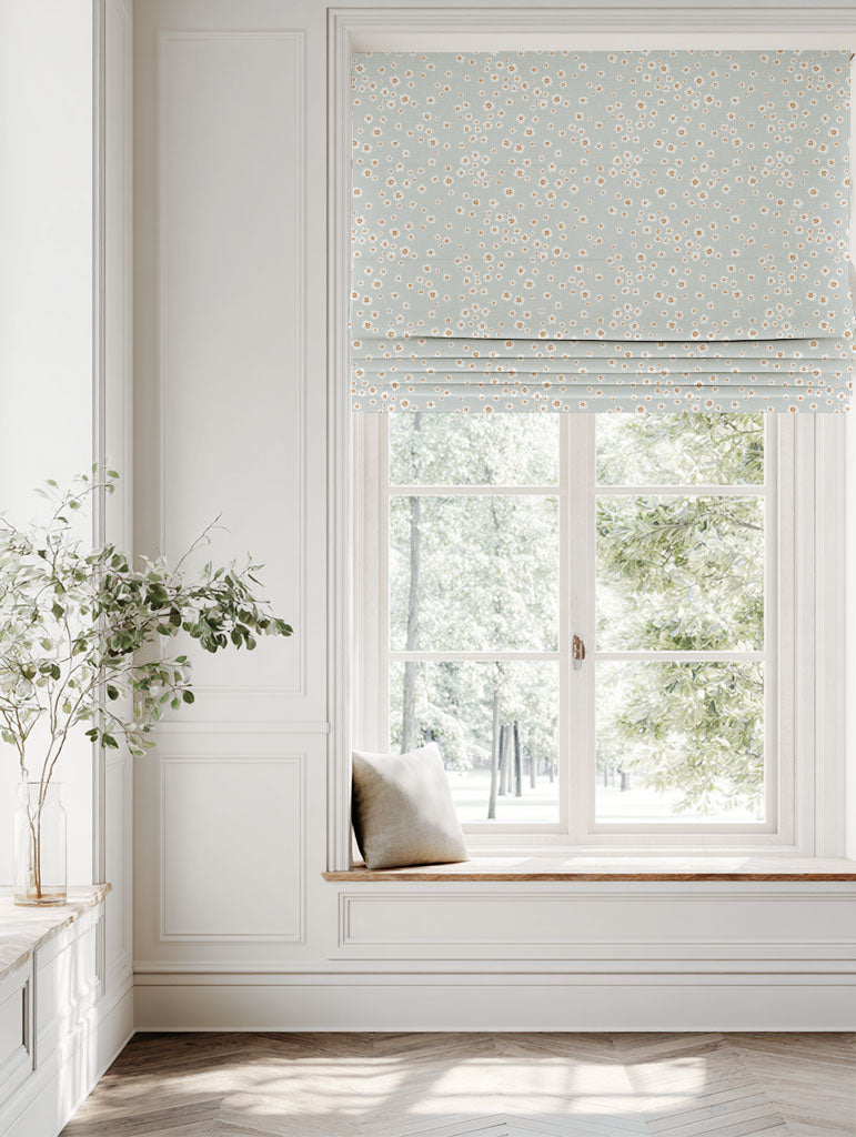 Orange Floral Linen Roman blind - Janika Tangerine - White base fabric.