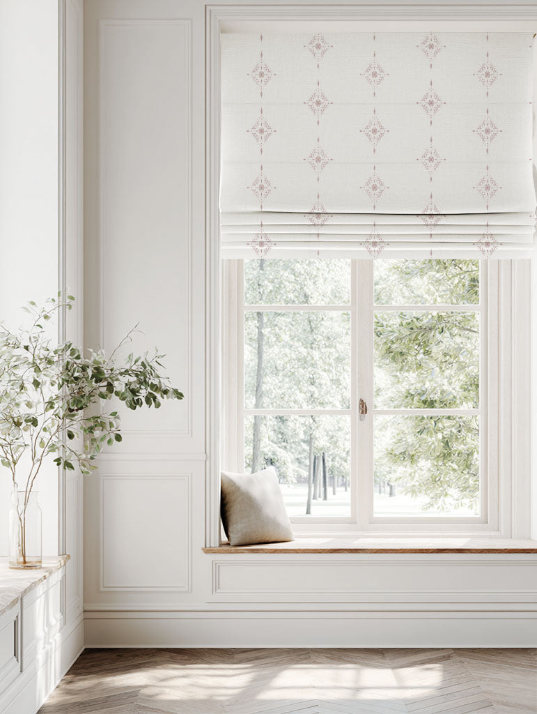 Pink Patterned Linen Roman blind - Kaisley Peony-WHT - White base fabric.