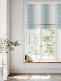 Blue Striped Linen Roman Blind - Kamillah Paris Blue-WHT - White base fabric.