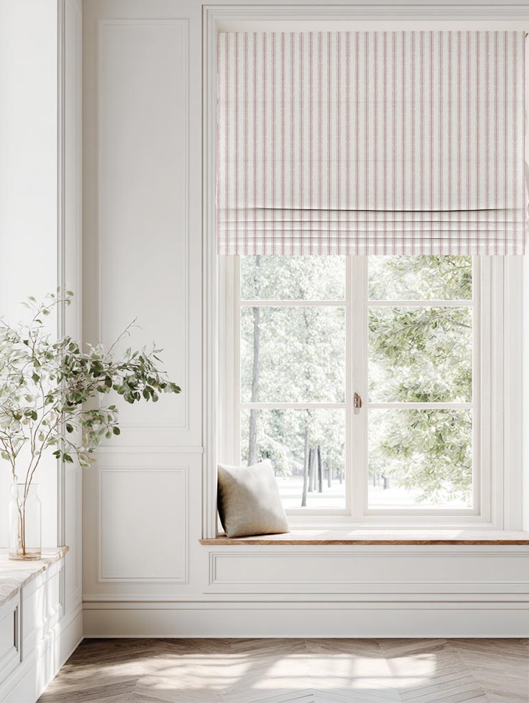 Pink Striped Linen Roman Blind - Kamillah Peony-WHT - White base fabric.