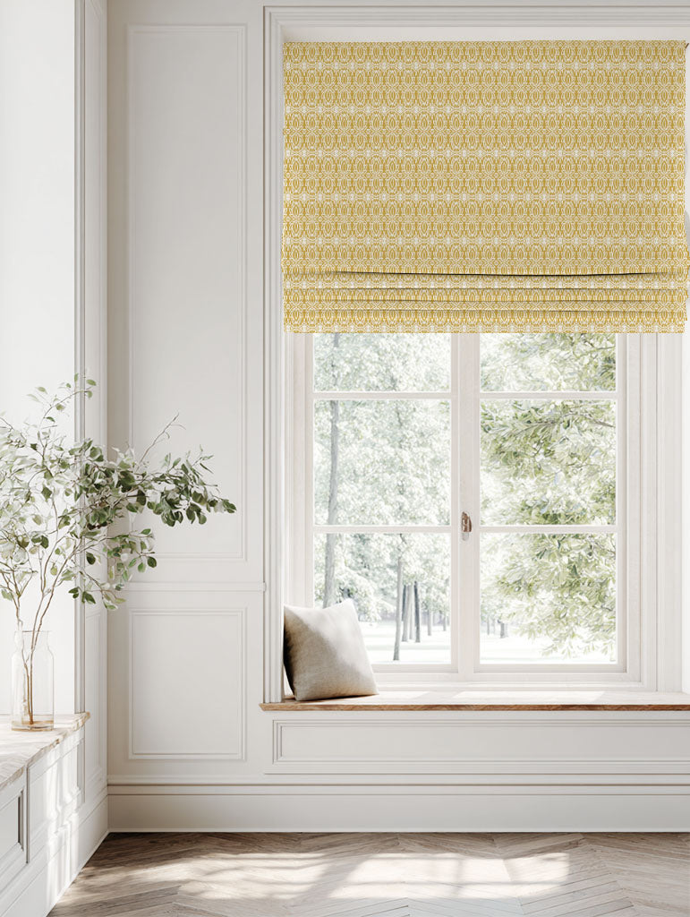 Yellow Patterned Linen Roman blind - Kjersti Dijon - White base fabric.