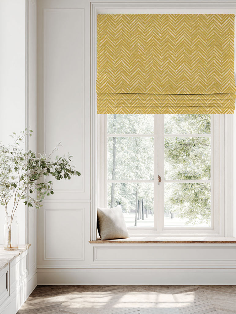 Yellow Patterned Linen Roman blind - Lulu Dijon - White base fabric.