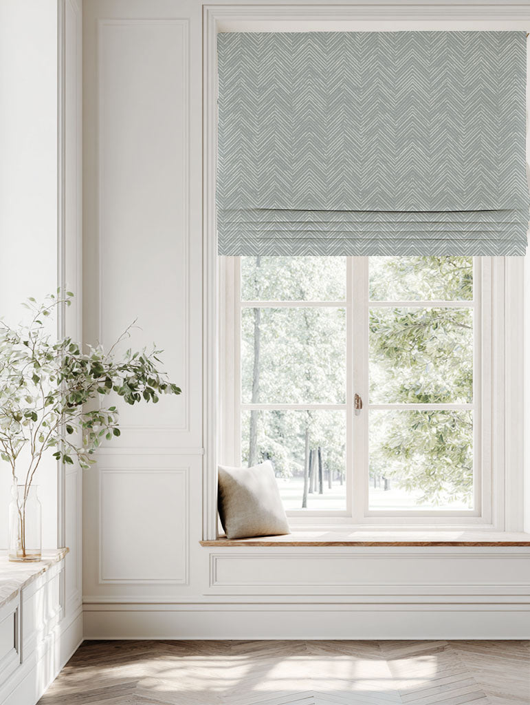 Grey Patterned Linen Roman blind - Lulu Greige - White base fabric.
