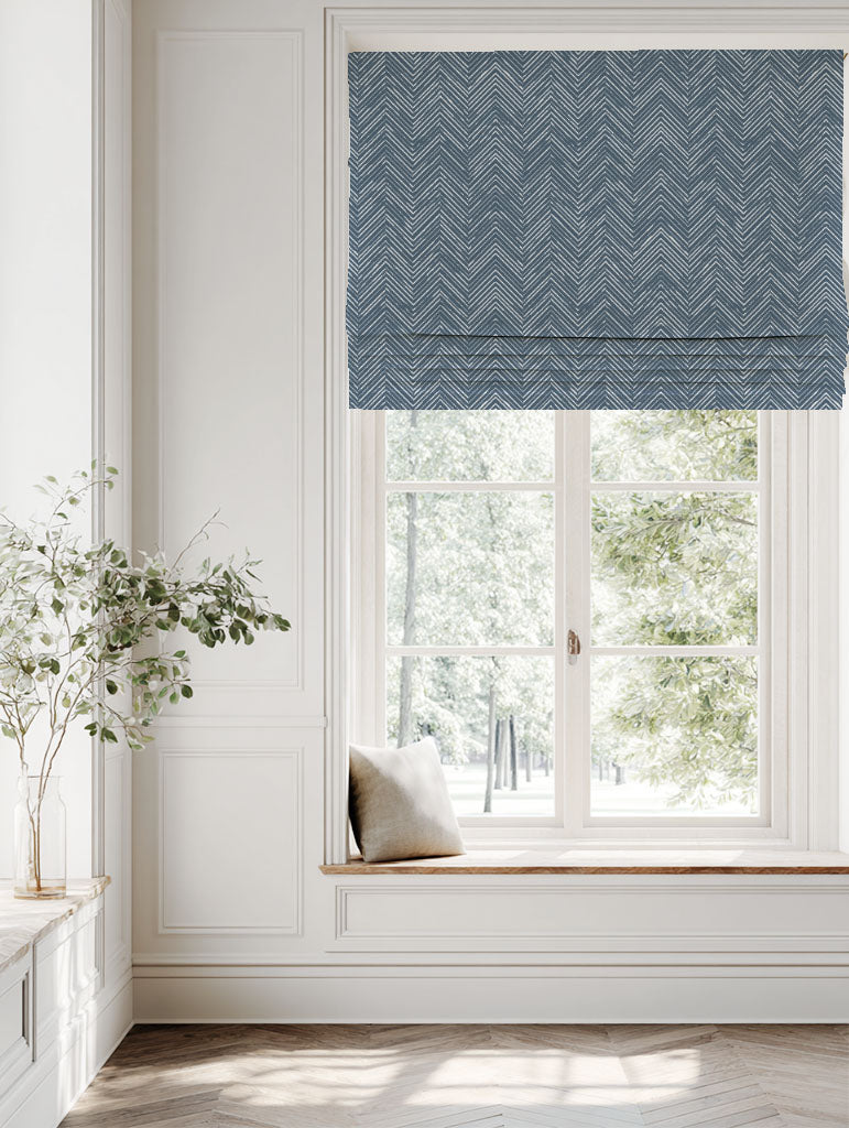 Blue Patterned Linen Roman blind - Lulu Ink - White base fabric.