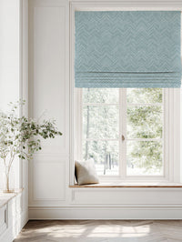 Blue Patterned Linen Roman blind - Lulu Shadow Blue - White base fabric.