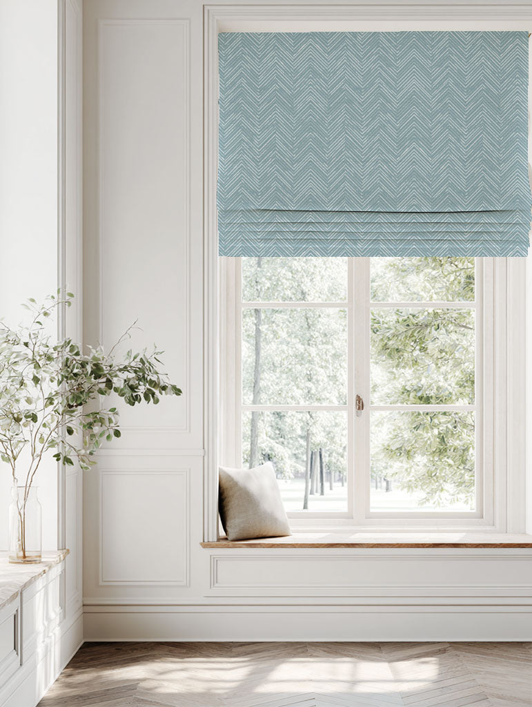 Blue Patterned Linen Roman blind - Lulu Shadow Blue - White base fabric.