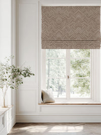 Brown Patterned Linen Roman blind - Lulu Umber - White base fabric.