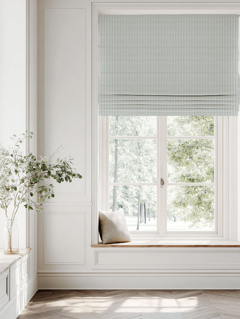 Grey Striped Linen Roman blind - Maisa Greige - White base fabric.