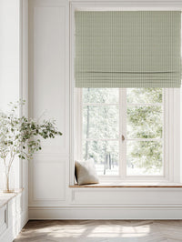 Green Striped Linen Roman blind - Maisa Moss - White base fabric.