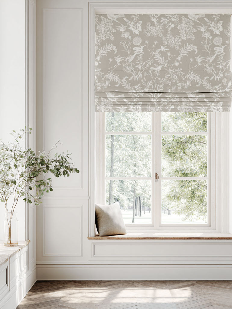 Neutral / Grey Floral Linen Roman blind - Marianne Almond - White base fabric.
