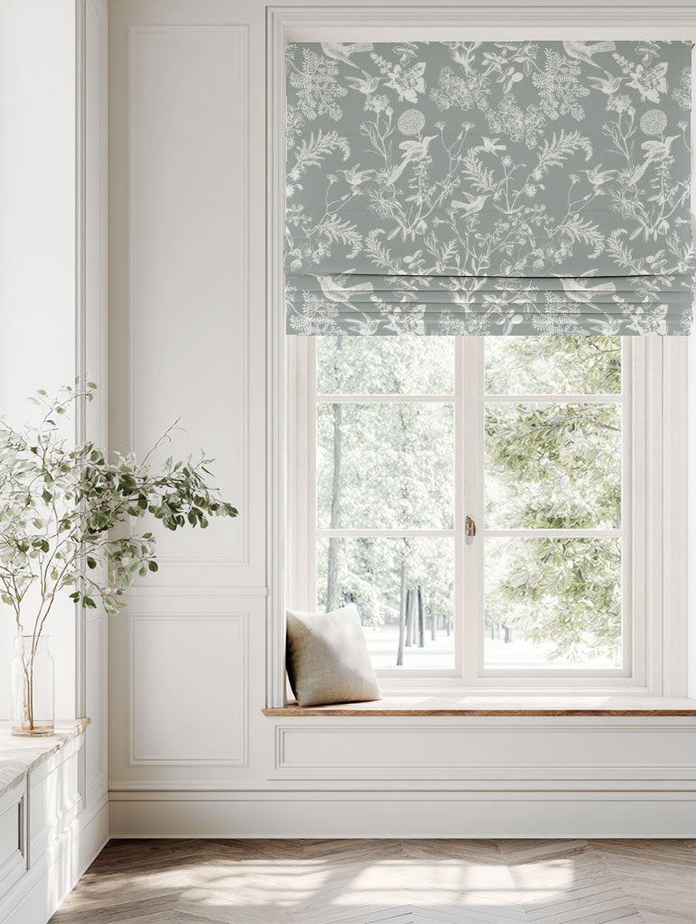 Grey Floral Linen Roman blind - Marianne Greige - White base fabric.