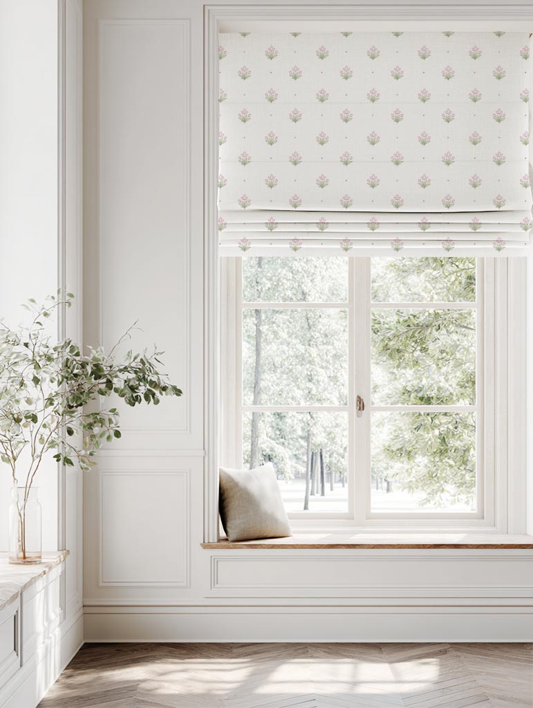 Pink Floral Linen Roman Blind - Maryam Pink-WHT - White base fabric.