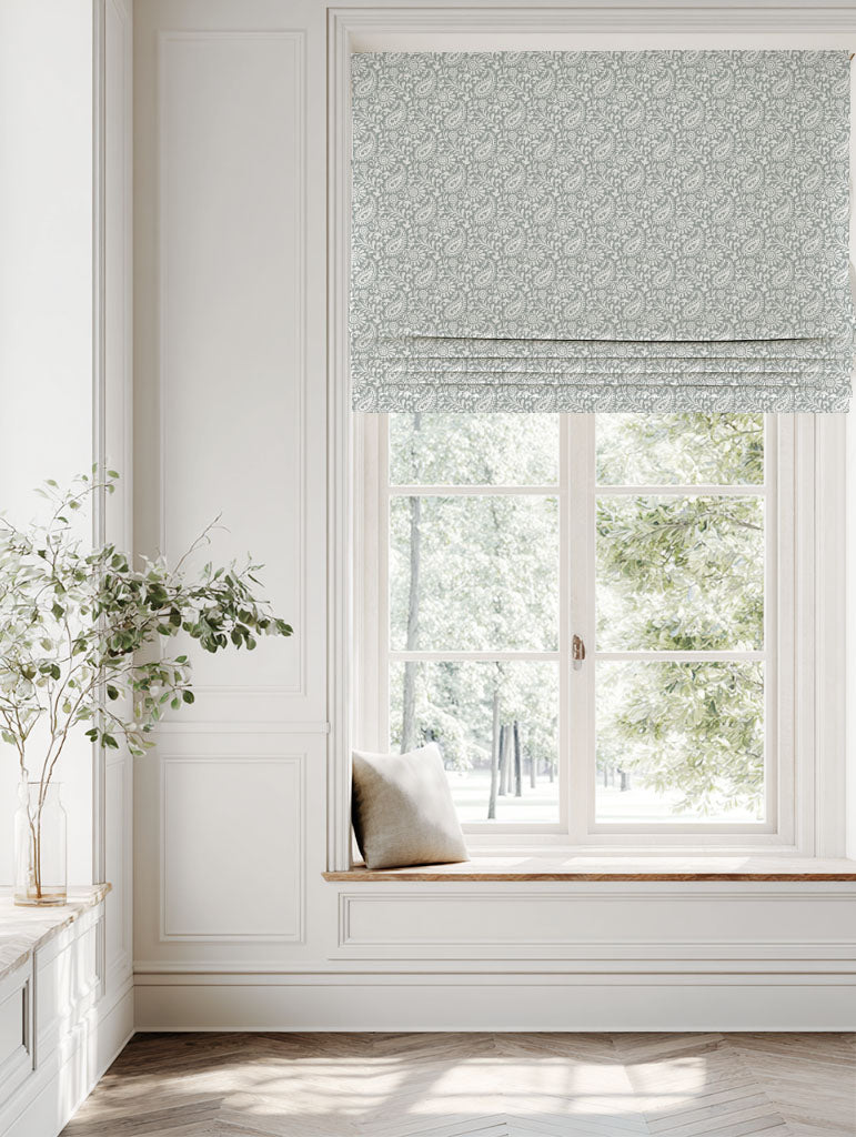 Grey Patterned Linen Roman blind - Nora Greige-WHT - White base fabric.