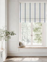 Blue Striped Linen Roman blind - Rune Ink - White base fabric.